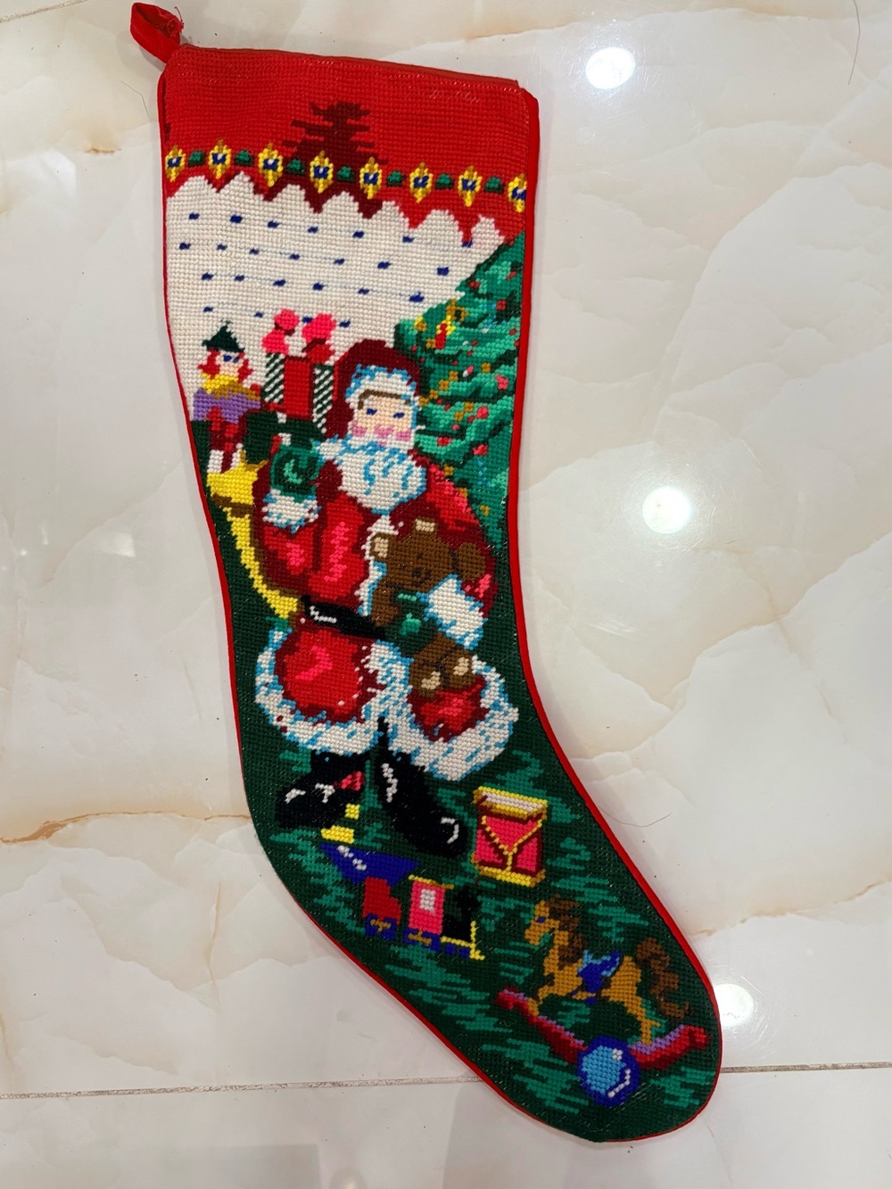 Vintage Wool Needlepoint Christmas Stocking With Santa Claus & Toy Presents